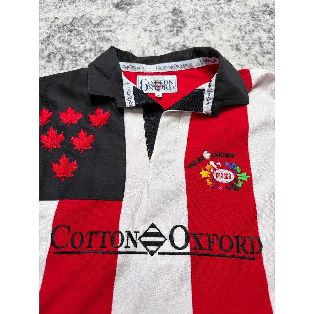 COTTON OXFORD Rugby Canada Shirt Red Striped Maple Leaf Men's XXL Vintage FLAWED - Picture 2 of 9